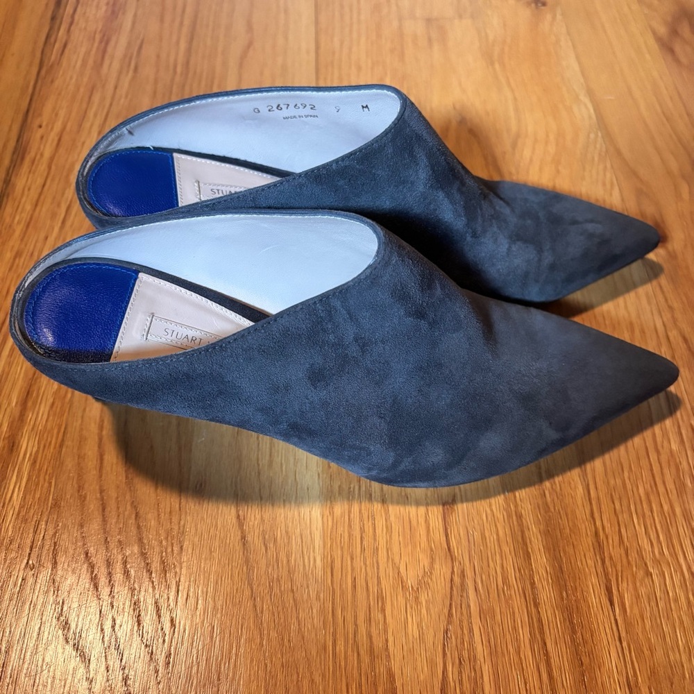 Stuart Weitzman Pointed Toe Suede Mules in Charcoal Gray with Kitten Heel